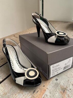 Vince Camuto VC-Lola Black & White Patent Leather Slingback Heels With Circle Ac